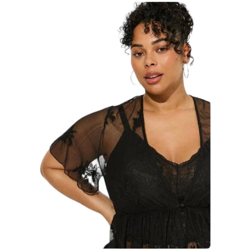 Torrid NWT Embroidered Mesh Peplum Kimono Black Size 6X Short Sleeve Cardigan
